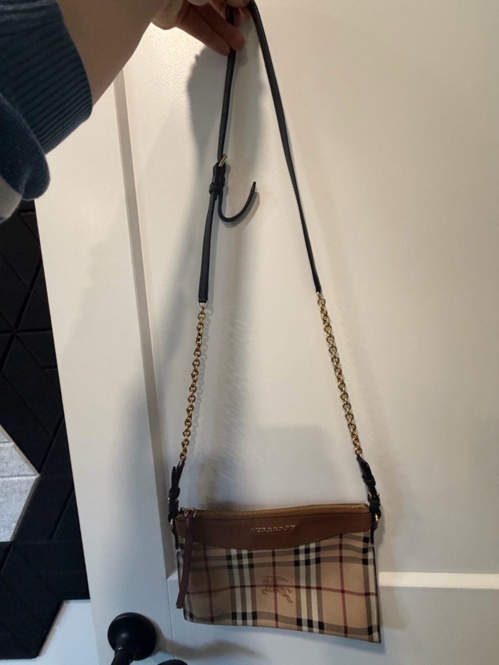 Burberry Tan and Black Check Crossbody Bag with Gold Chain